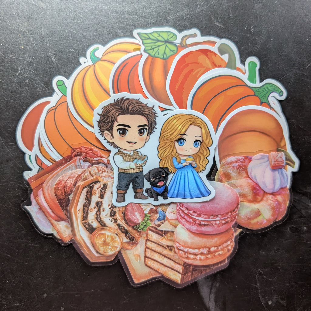 Sticker with animated characters and pumpkins on a dark background