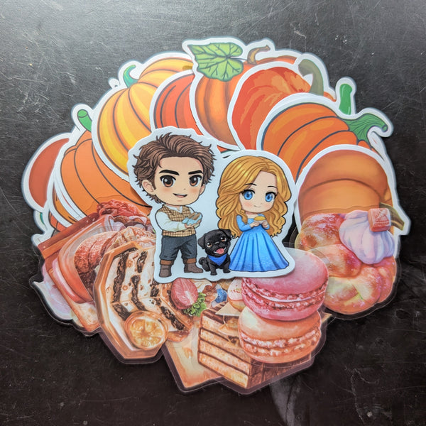 Sticker with animated characters and pumpkins on a dark background